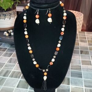Halloween Black & Orange Beaded Skull Necklace & Earring Set